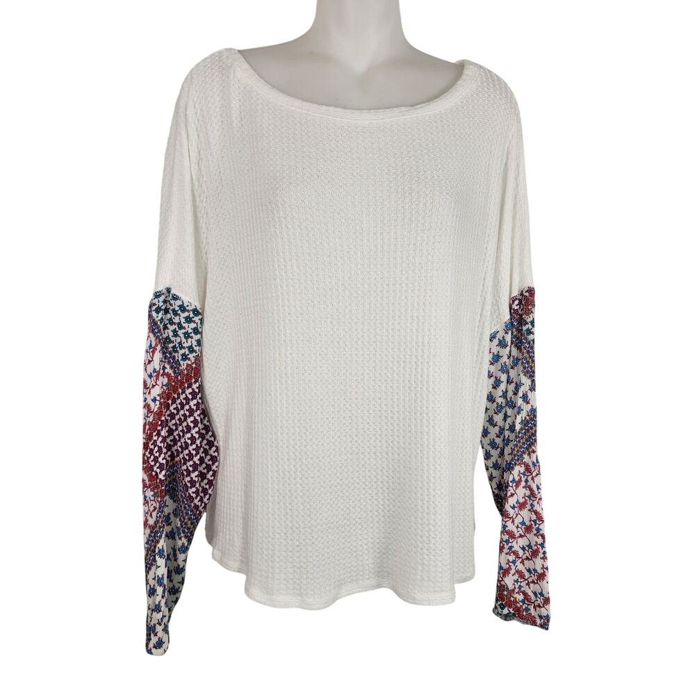 Daytrip Womens Waffle Knit Mixed Media Top Long Dolman Sleeve Floral Patchwork M